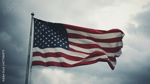 Anti-Trump Protest with American Flag Fluttering in the Wind Under Cloudy Skies