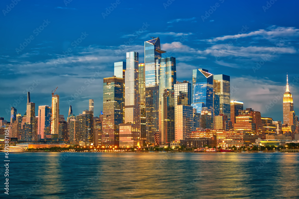 Midtown Manhattan and Hudson Yards skyscrapers at dusk, New York