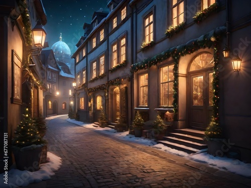 Street in a Christmas night in an old European town. Generative AI