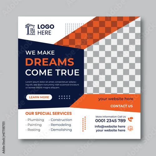 Construction social media post banner, Plumber Service Social Media web banner, home repair social media post design, renovation Handyman home repair banner, construction agency ads