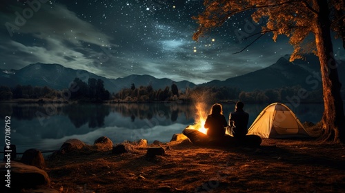 Couple camping under the stars with a cozy campfire.
