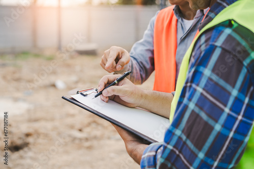 Builder engineer and supervisor consultant inspection job plan concept, Asian contractor and foreman looking blueprint in computer laptop and checking process plan of factory warehouse construction
