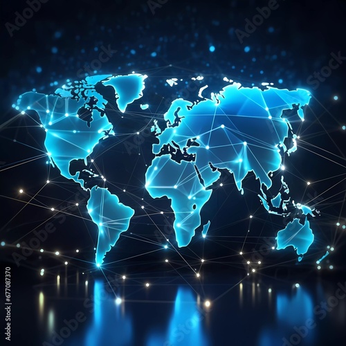 world map with technology background, glowing line symbols of internet, radio, television, mobile communications and satellite, with network of glowing shapes. generative ai