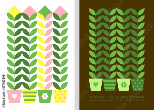 Flower pots with plants for indoor garden, concept for seedlings, greenhouse, houseplants. Geometric illustrations for seed packages, posters, covers. Vector flat abstract background