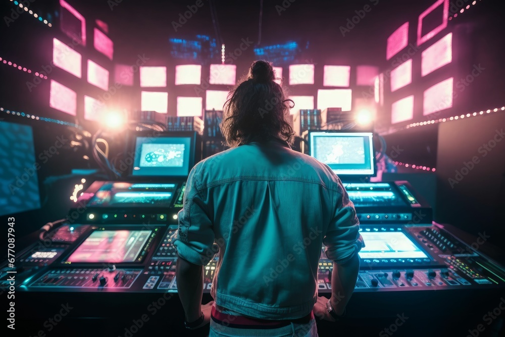 DJ player audio mixing electronic music in a nightclub party Created with Generative AI technology. DJ player audio mixing electronic music in a nightclub party Created with Generative AI technology.