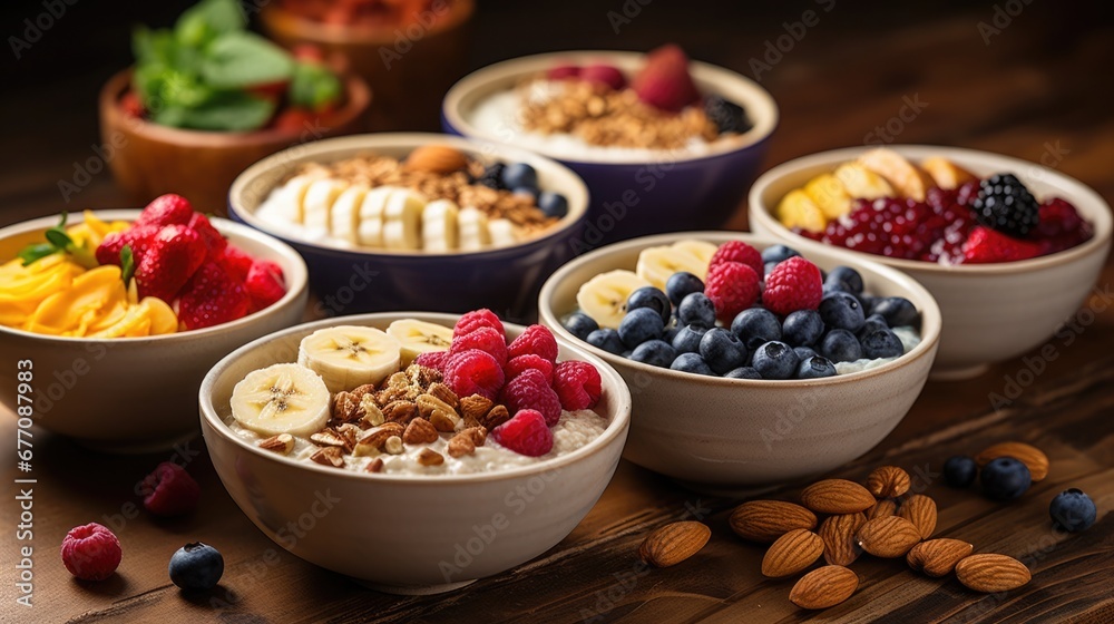 National Oatmeal Month: A breakfast spread featuring oatmeal bowls topped with a selection of nuts, fruits, and honey. - obrazy, fototapety, plakaty 