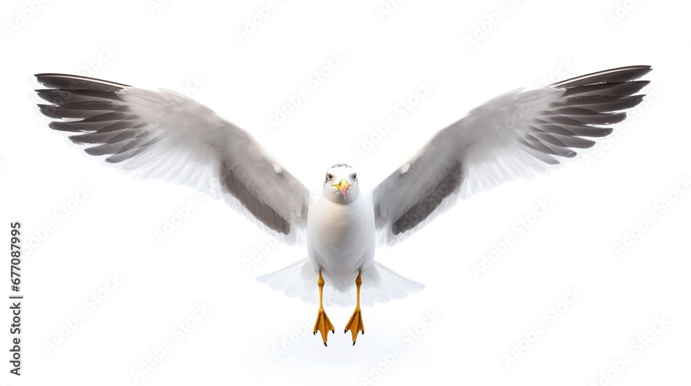 Fototapeta premium Flying Seagull isolated on empty white background, created with Generative Ai technology.