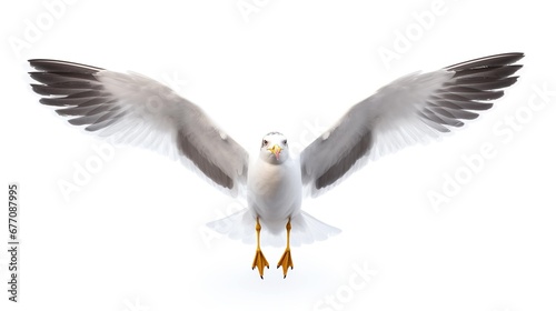 Flying Seagull isolated on empty white background, created with Generative Ai technology.