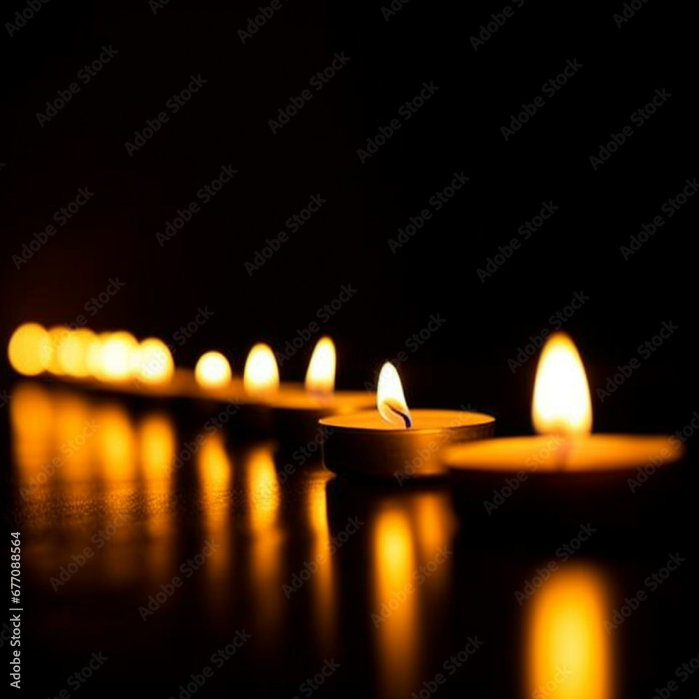 Many Candlelights Lined Up, Selective Focus, Warm transparent Background
