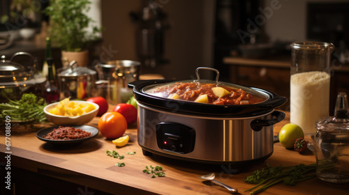 National Slow Cooking Month: A slow cooker on a kitchen counter with ingredients prepped around it for a stew or casserole.