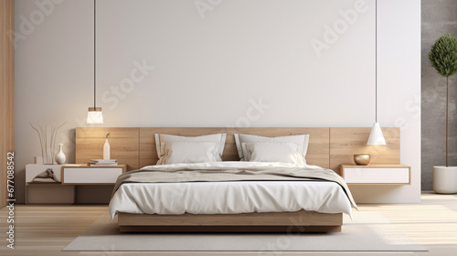 a modern bedroom with a white bedframe and two nightstands and an accent wall © Textures & Patterns