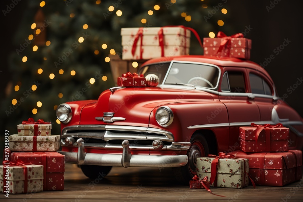 Retro red car on the car and wrapped gifts in boxes around on the background of New Year tree, New Year's card