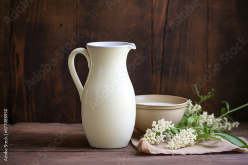 fresh milk in glass jug and glass on wooden background.