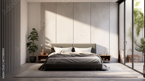 a modern bedroom with grey walls and a tiled floor and a large window