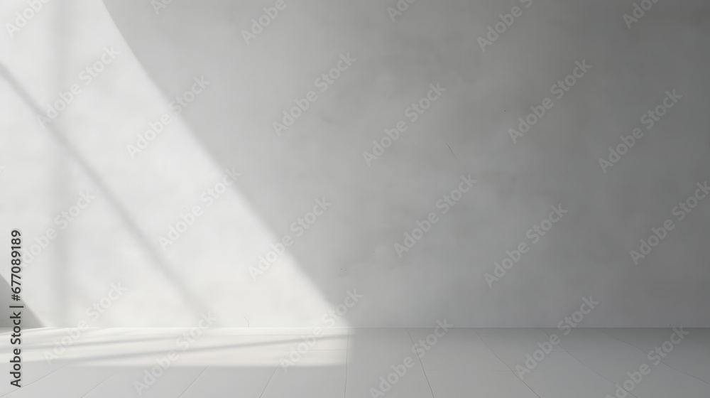 Minimal abstract light gray background for product presentation. Shadow and light from windows on plaster wall. Minimal abstract light gray background for product presentation. Shadow and light from windows on plaster wall.