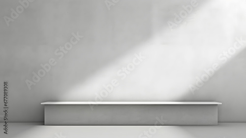 Minimal abstract light gray background for product presentation. Shadow and light from windows on plaster wall.