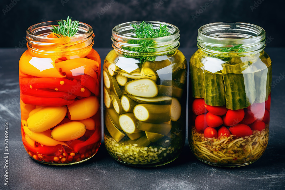 Jars with a variety of pickled vegetables and fruits, pickling Jars with a variety of pickled vegetables and fruits, pickling