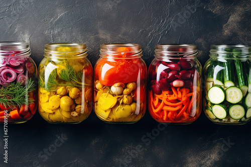 Jars with a variety of pickled vegetables and fruits, pickling