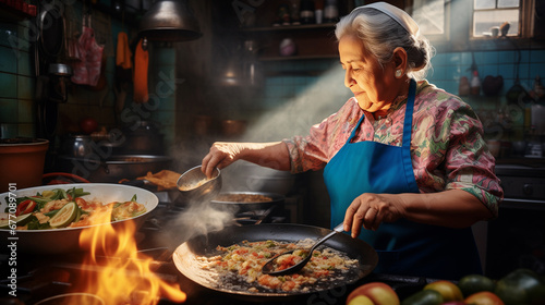 Senior Latin American woman in the process of making food in a cluttered house kitchen, concept of  traditional cooking, family traditions.