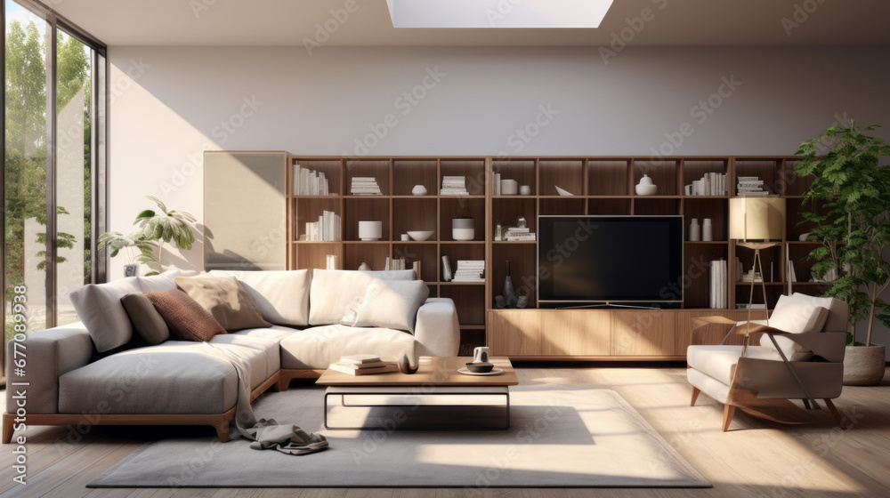 a modern family room with a large sectional sofa and a coffee table ...