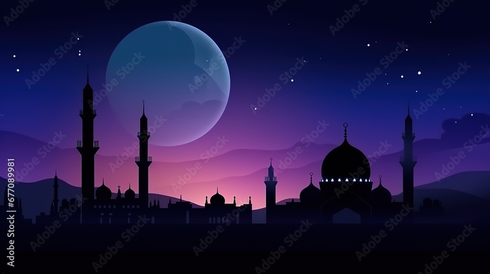 Mosque dome and crescent moon in the background, symbol of Islamic religion and empty space for text. Generative AI - obrazy, fototapety, plakaty 