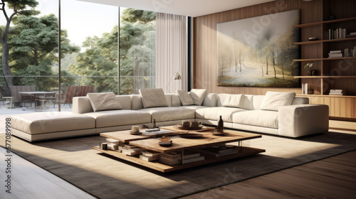 a modern family room with a plush sectional sofa and a coffee table © Textures & Patterns