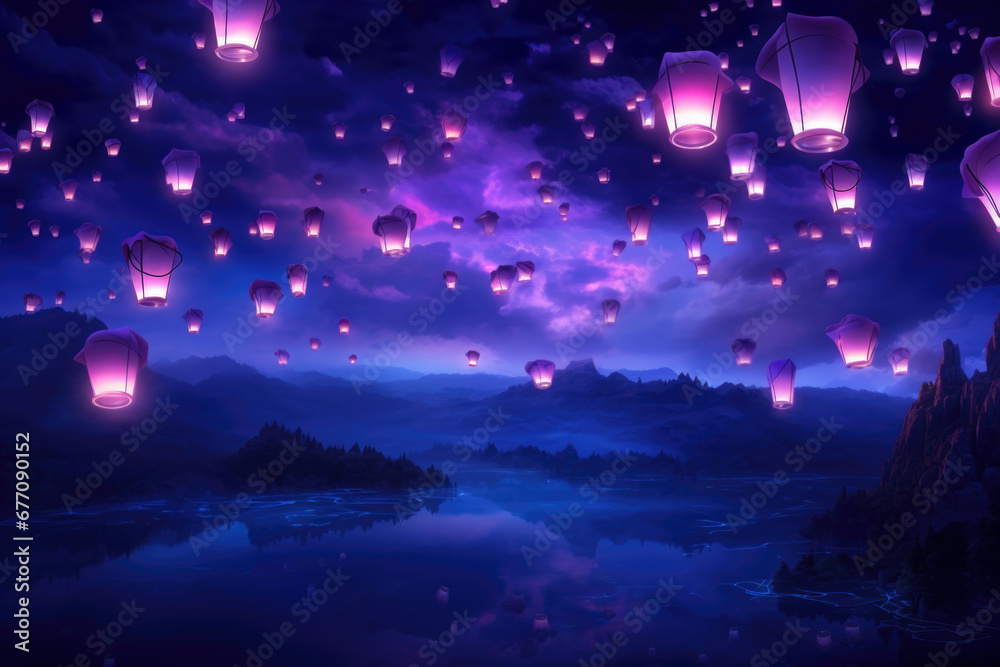 Floating lanterns at dawn during festival.