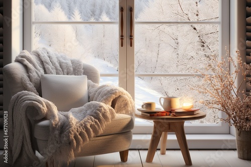 Cozy Winter still life: armchair with a cape cup of hot Coffee and opened Book on vintage windowsill against snow landscape from outside. photo