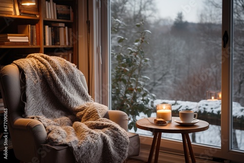 Cozy Winter still life: armchair with a cape cup of hot Coffee and opened Book on vintage windowsill against snow landscape from outside.