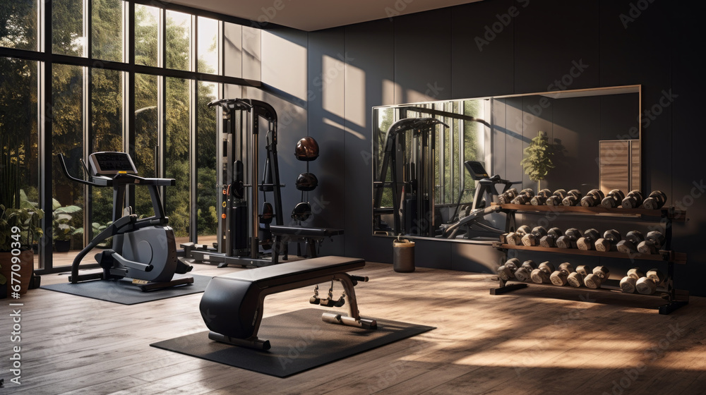 a modern home gym with a variety of exercise equipment and a large mirror and a set of weights - obrazy, fototapety, plakaty 