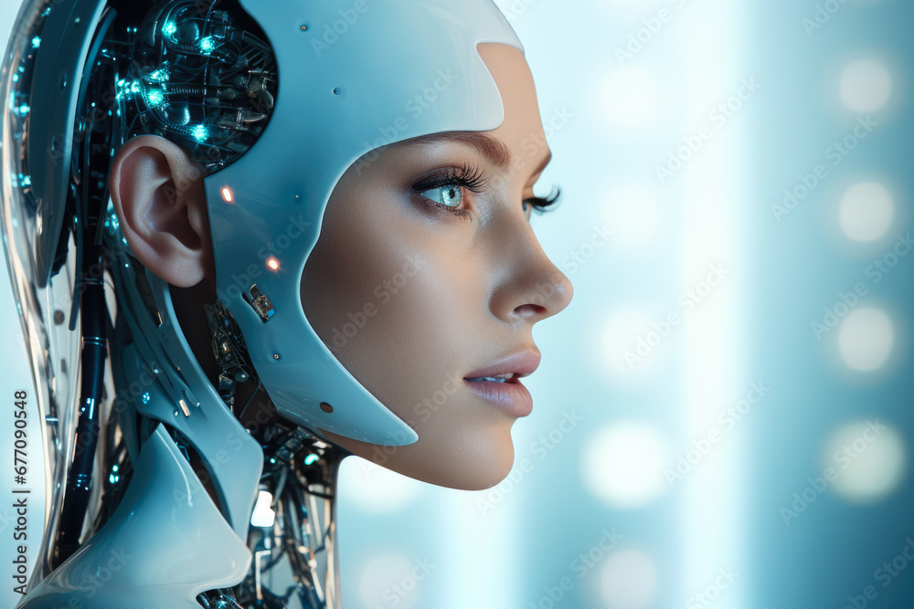 A woman wearing a futuristic suit and headpiece. This image can be used to portray futuristic fashion or technology