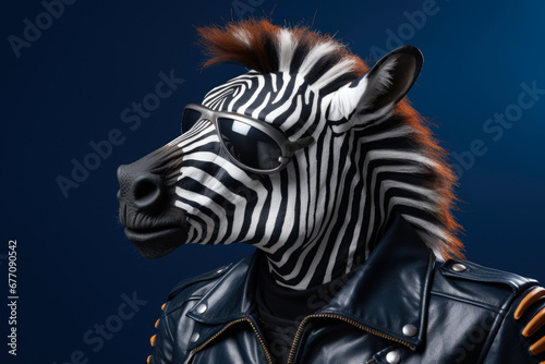A zebra wearing a stylish leather jacket and sunglasses. Perfect for fashion or wildlife-themed designs © Fotograf