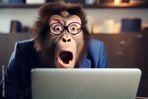 A monkey dressed in a suit and wearing glasses is looking at a laptop. This image can be used to represent a humorous or unexpected situation in a business or technology context