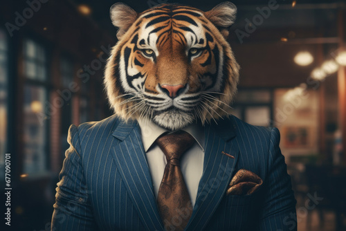 A man wearing a suit and tie with a tiger on his head. This image can be used to represent a unique and bold fashion statement or to illustrate creativity and individuality photo