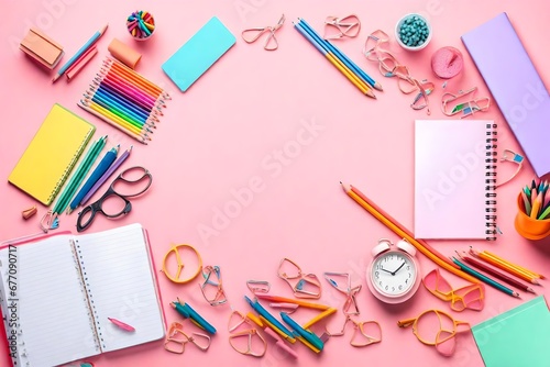 School background with notebooks and pastel colorful study accessories on pink background