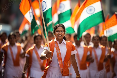 Indian people holding flags on Pride for Happy Republic Day of India. photo