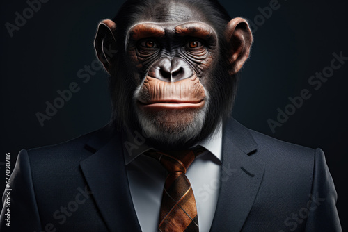 A man dressed in a suit and tie wearing a monkey mask. This image can be used for costume parties or Halloween events