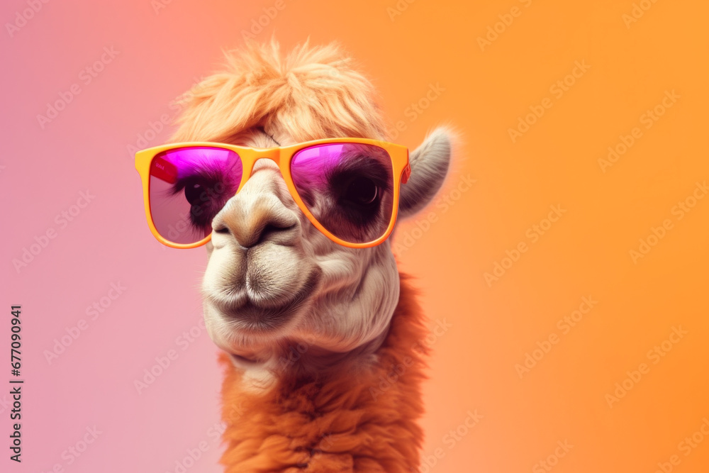 A close-up shot of a llama wearing sunglasses. This image can be used to add a touch of humor or quirkiness to various projects.