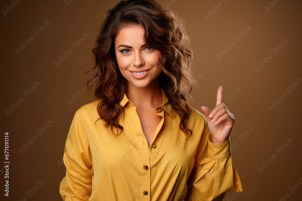 Young European woman in a yellow shirt on a brown background pointing her finger up with a successful idea Young European woman in a yellow shirt on a brown background pointing her finger up with a successful idea