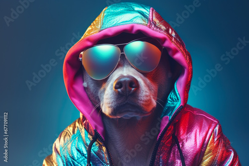 A picture of a dog wearing sunglasses and a jacket. Can be used to depict a fashionable or cool dog.