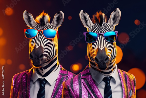 Two zebras dressed up in suits and sunglasses. Perfect for adding a touch of humor and style to any project.