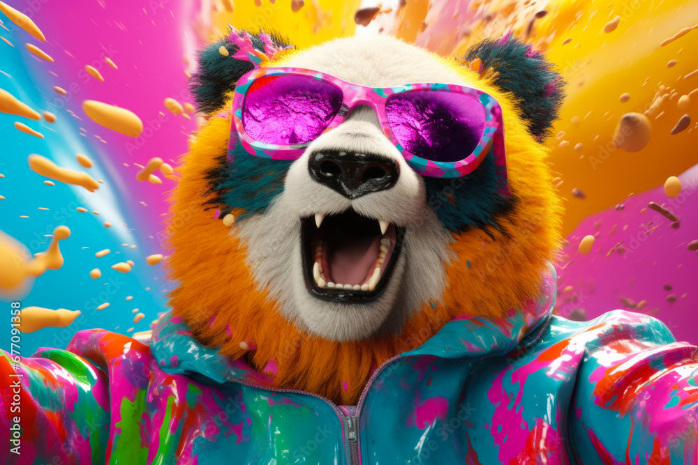 A cute panda bear wearing sunglasses and a colorful jacket. Perfect for adding a fun and playful touch to any project or design.