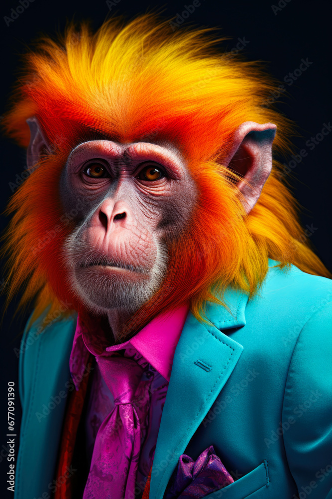A picture of a monkey dressed in a formal suit and tie. This image can be used to convey a sense of humor or to depict a monkey in a human-like setting.