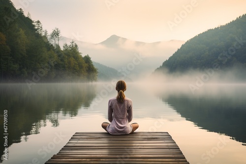 Young woman practicing Yoga. Beautiful girl meditating, doing breathing exercises. Harmony, Balance, Meditation, relaxation, healthy lifestyle concept © Irina