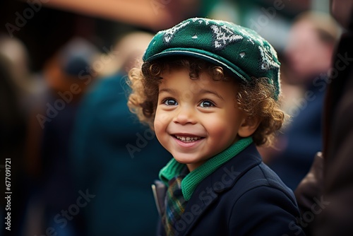 Afro boy wearing green clothes participating in Saint Patrick's Day parade in Irish town. photo