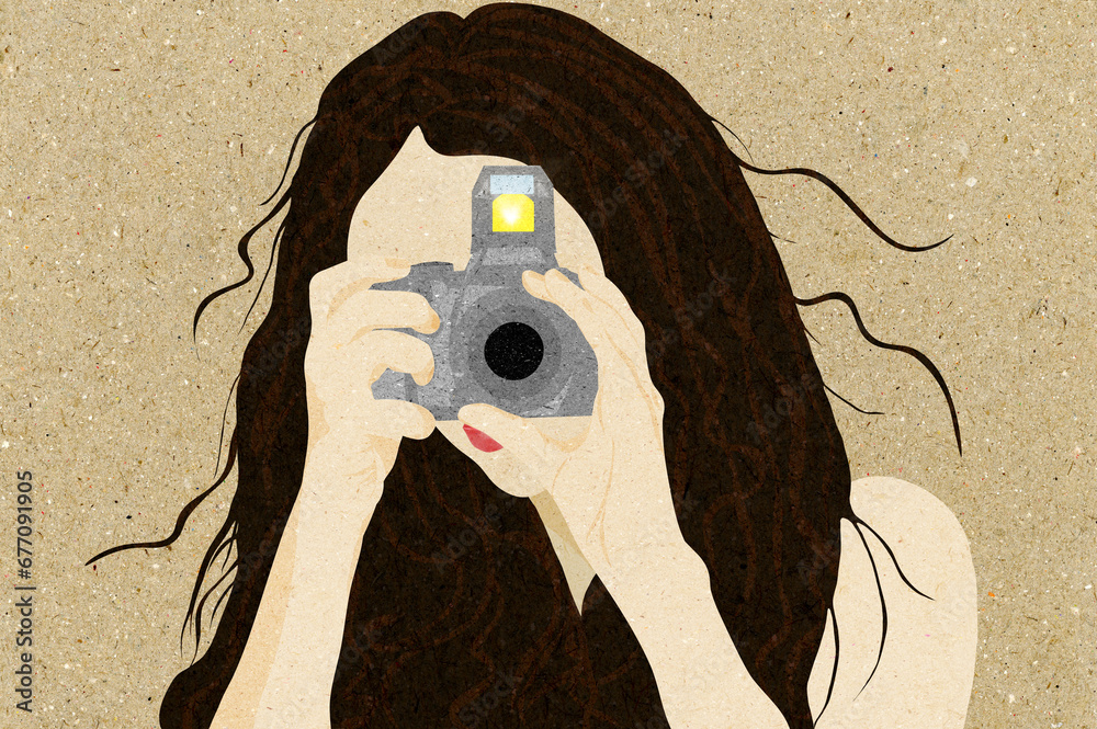Ilustracja młoda kobieta z aparatem fotograficznym fotografka w trakcie robienia zdjęcia. - obrazy, fototapety, plakaty 
