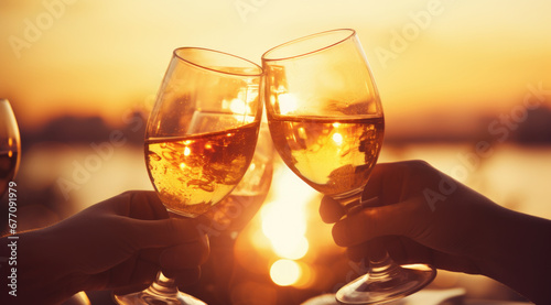 A group of girlfriends raise a toast with glasses of white wine on a sunset. Close shot.