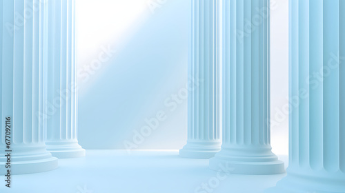 Beautiful airy widescreen minimalistic white and light blue architectural background banner with tilted columns. © Sticker