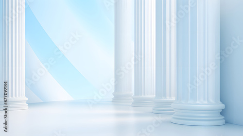 Beautiful airy widescreen minimalistic white and light blue architectural background banner with tilted columns.