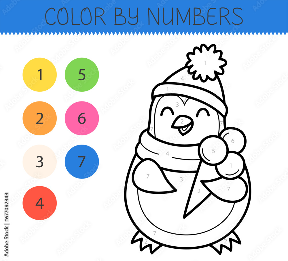 Fototapeta premium Color by numbers coloring book for kids with cute penguin with ice cream. Coloring page with cartoon penguin. Monochrome black and white. Vector illustration.